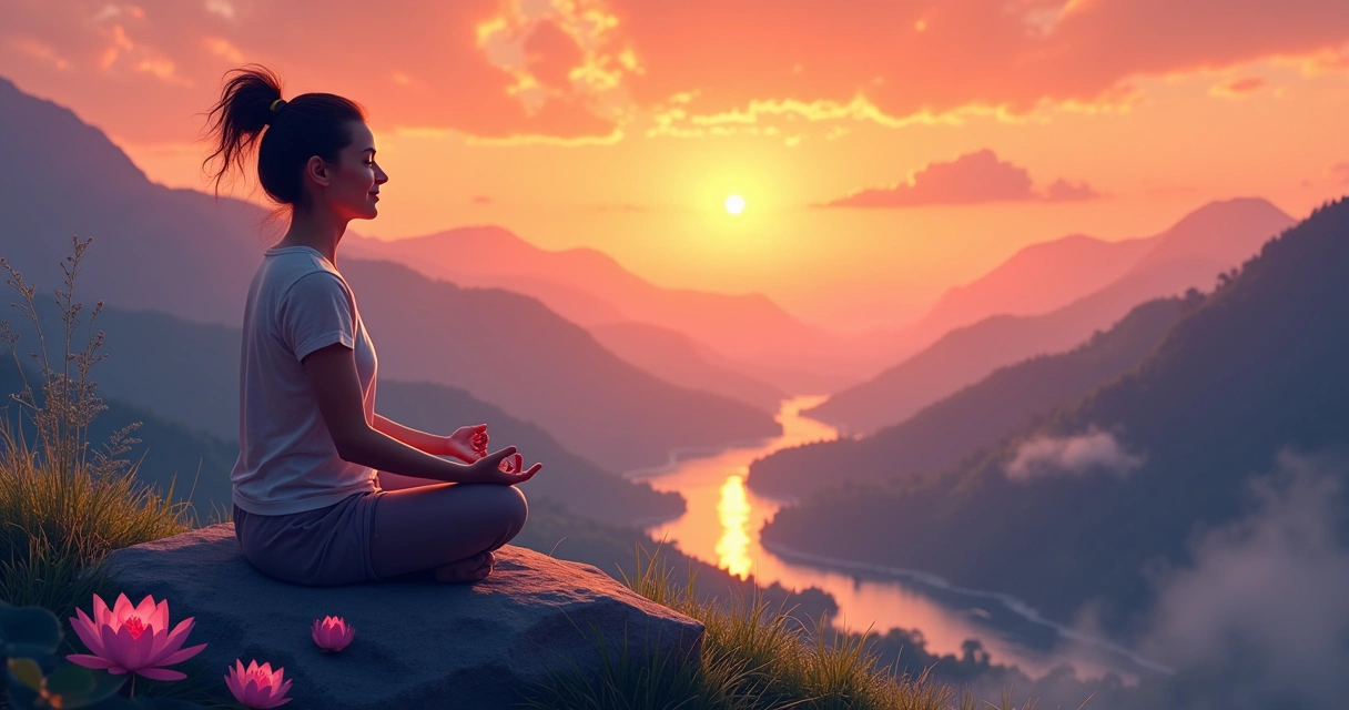 Pessoa meditando em um pico de montanha, cercada por um pôr do sol vibrante e um vale verde ao fundo.