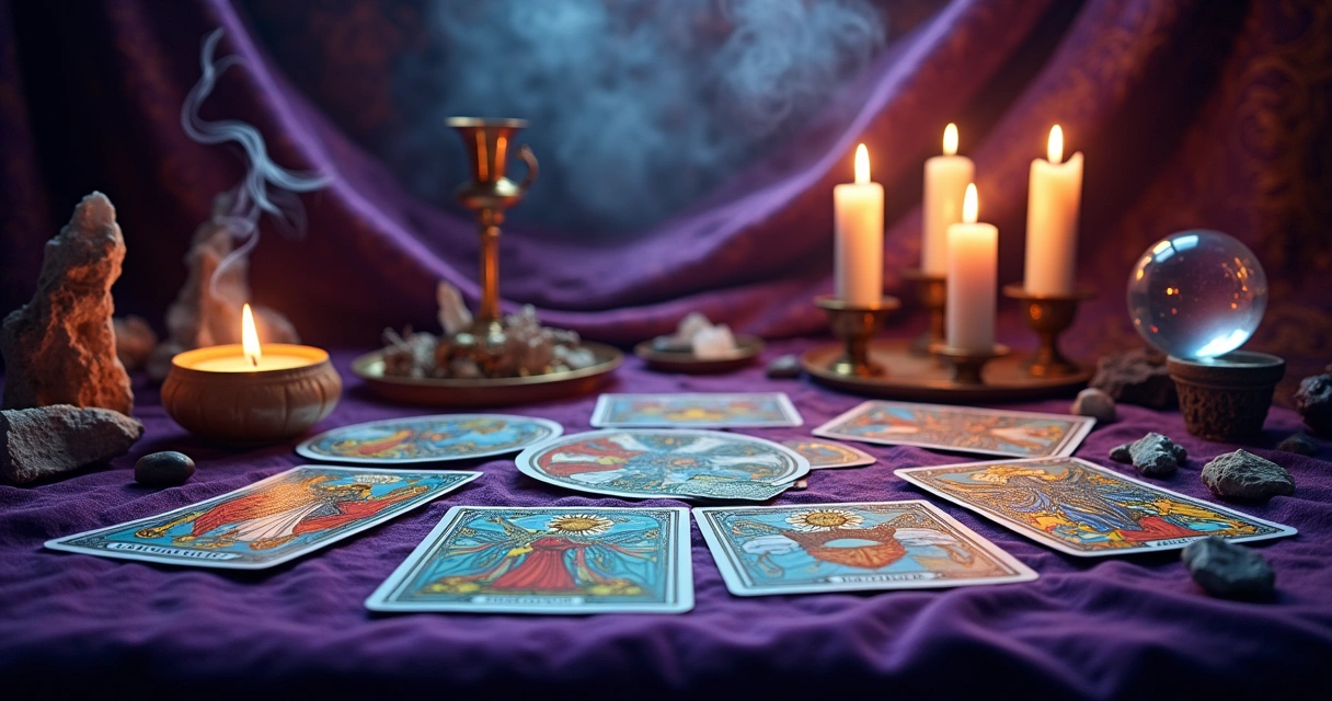 Mesa de leitura de tarô com cartas de Marseille, vela acesa, cristais e ambiente místico.