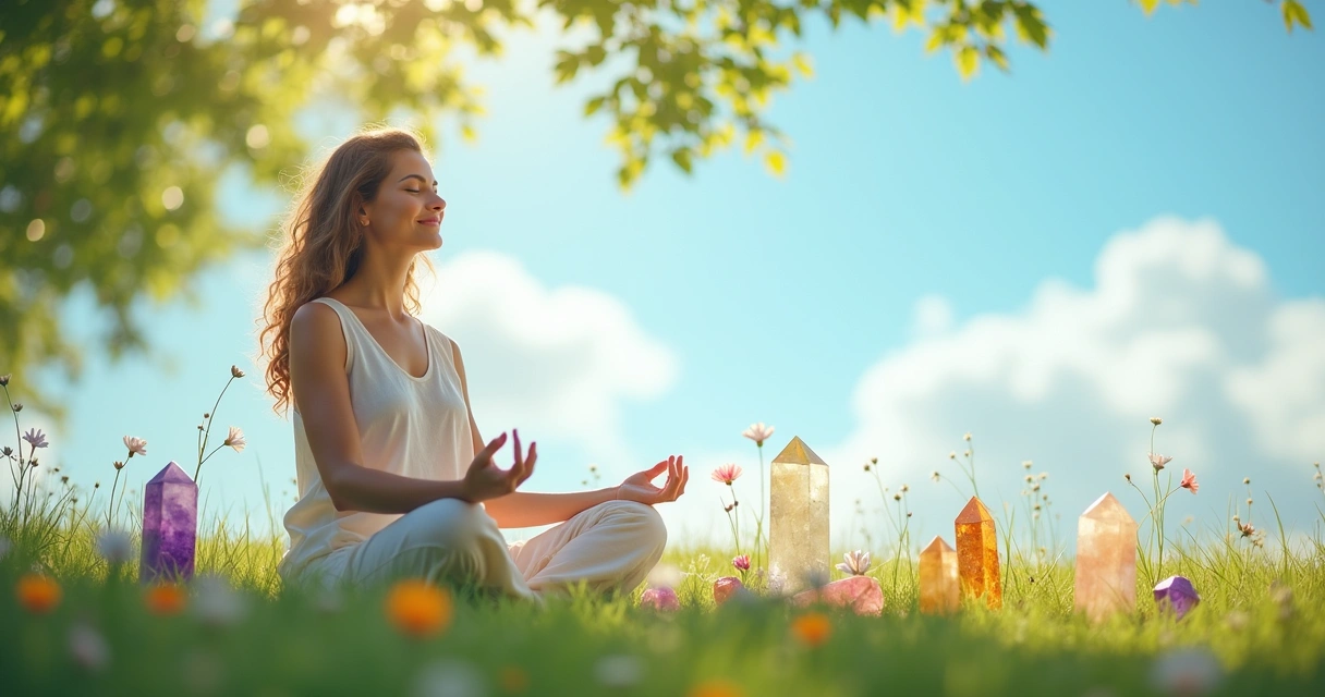 Mulher meditando em um campo verde com cristais coloridos ao redor e um céu azul ao fundo.