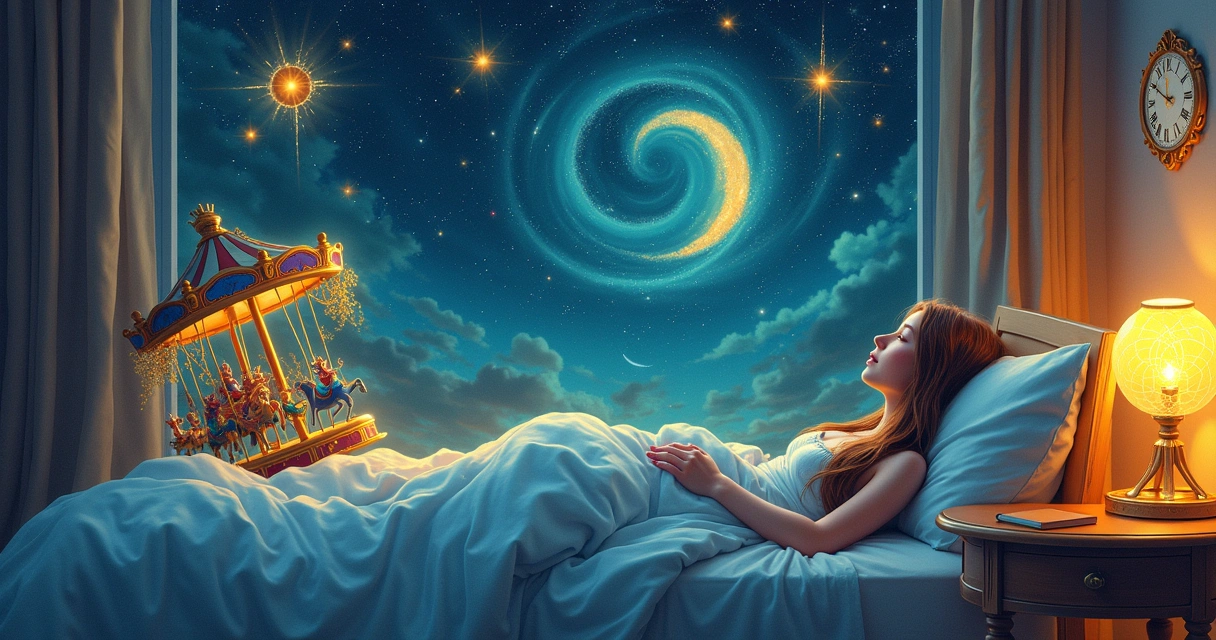 Uma mulher sonhando em sua cama, cercada por símbolos de sonhos vibrantes em um cenário surreal.