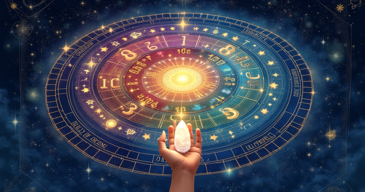 Ilustração de um gráfico de numerologia com números coloridos, cristal e símbolos astrológicos sobre fundo estrelado.