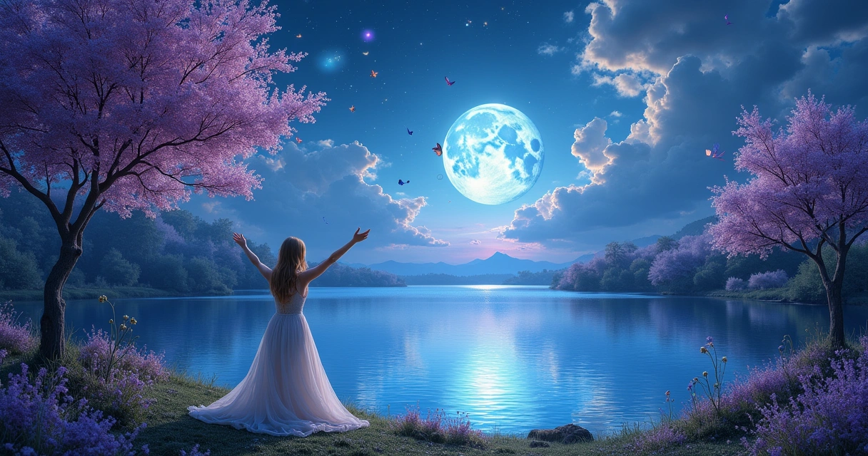 Paisagem de sonhos com uma lua brilhante refletida em um lago sereno e símbolos flutuantes no céu.