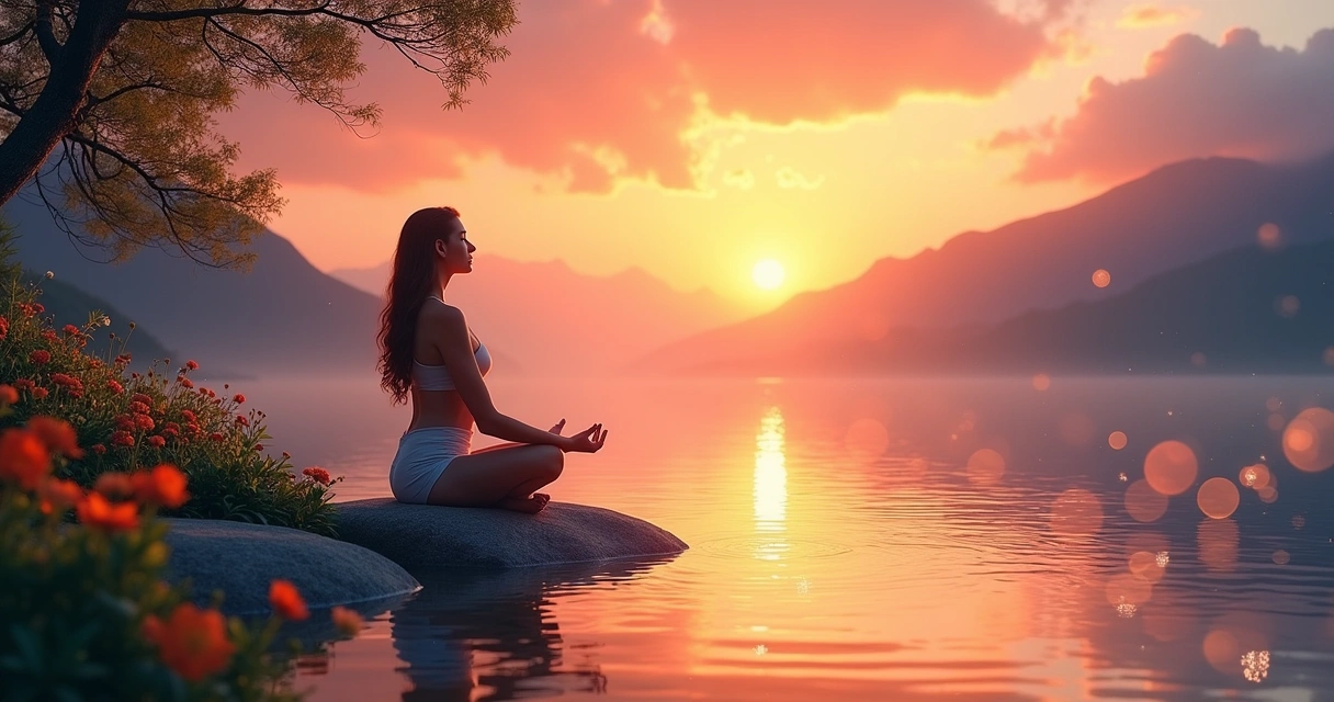 Uma pessoa meditando em uma paisagem serena durante o pôr do sol, refletindo tranquilidade.