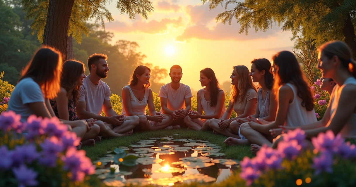 Grupo diverso de pessoas em um jardim, escrevendo gratidão com flores coloridas e pôr do sol ao fundo.