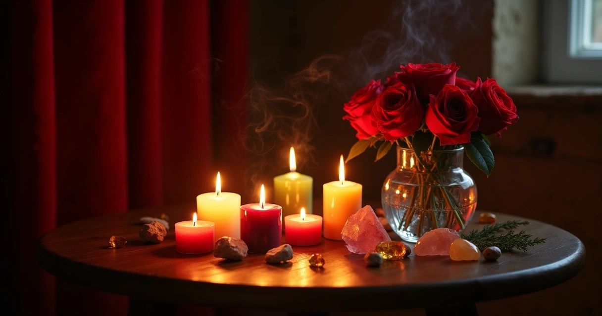Ambiente acolhedor com velas coloridas, rosas e cristais em uma mesa de madeira, iluminação suave e mágica.