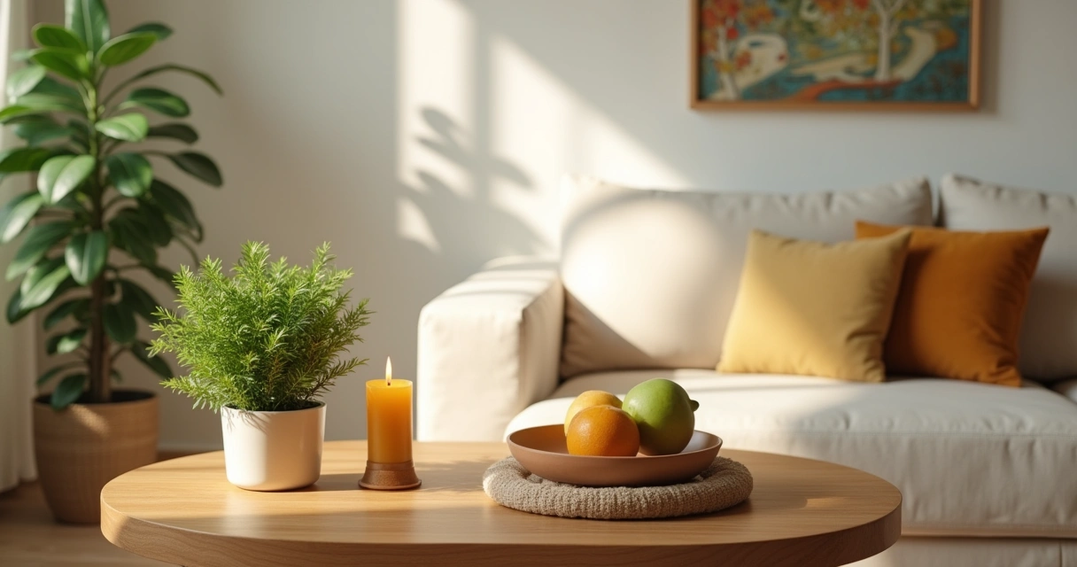 Espaço acolhedor com mesa de madeira, planta, vela dourada e bowl de frutas para atrair prosperidade.