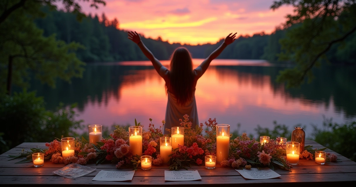 Cena de um ritual de agradecimento ao ar livre, com uma mesa de madeira, velas, flores e um lago ao fundo.