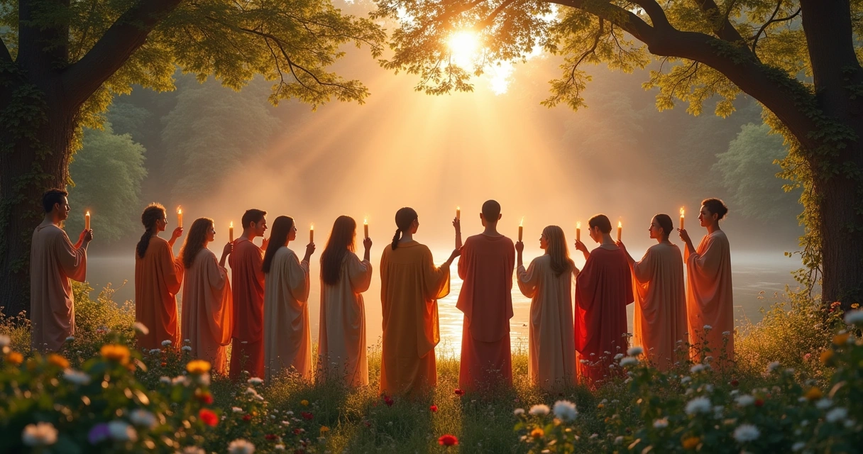 Grupo diverso de pessoas em um ritual de agradecimento na floresta ao amanhecer, segurando velas.