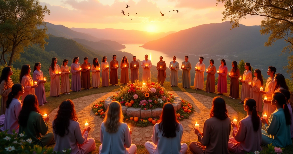 Grupo diverso reunido ao ar livre durante o pôr do sol, celebrando um ritual de gratidão com velas e flores.