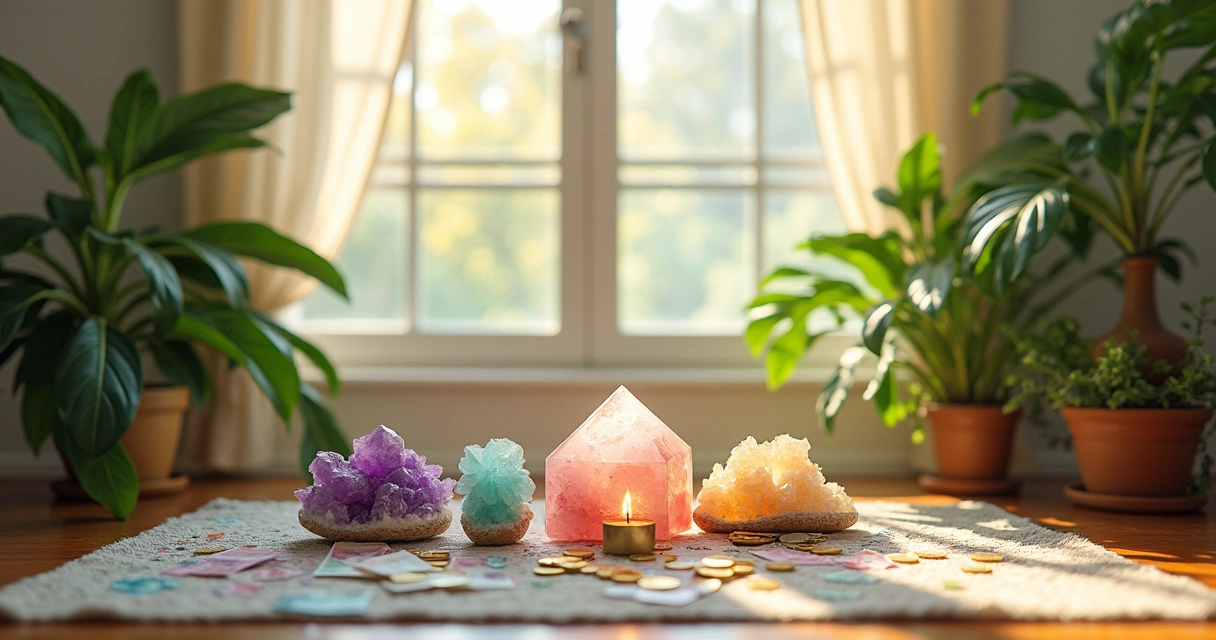 Altar of colorful crystals with candles and money, sunlight streaming in a bright room.