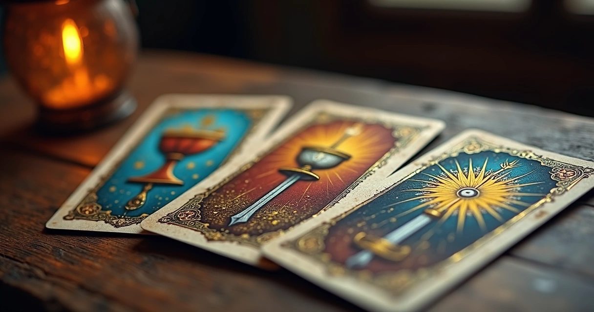 Cartas dos Arcanos Menores do Tarot dispostas sobre uma mesa de madeira com fundo escuro e detalhes dourados