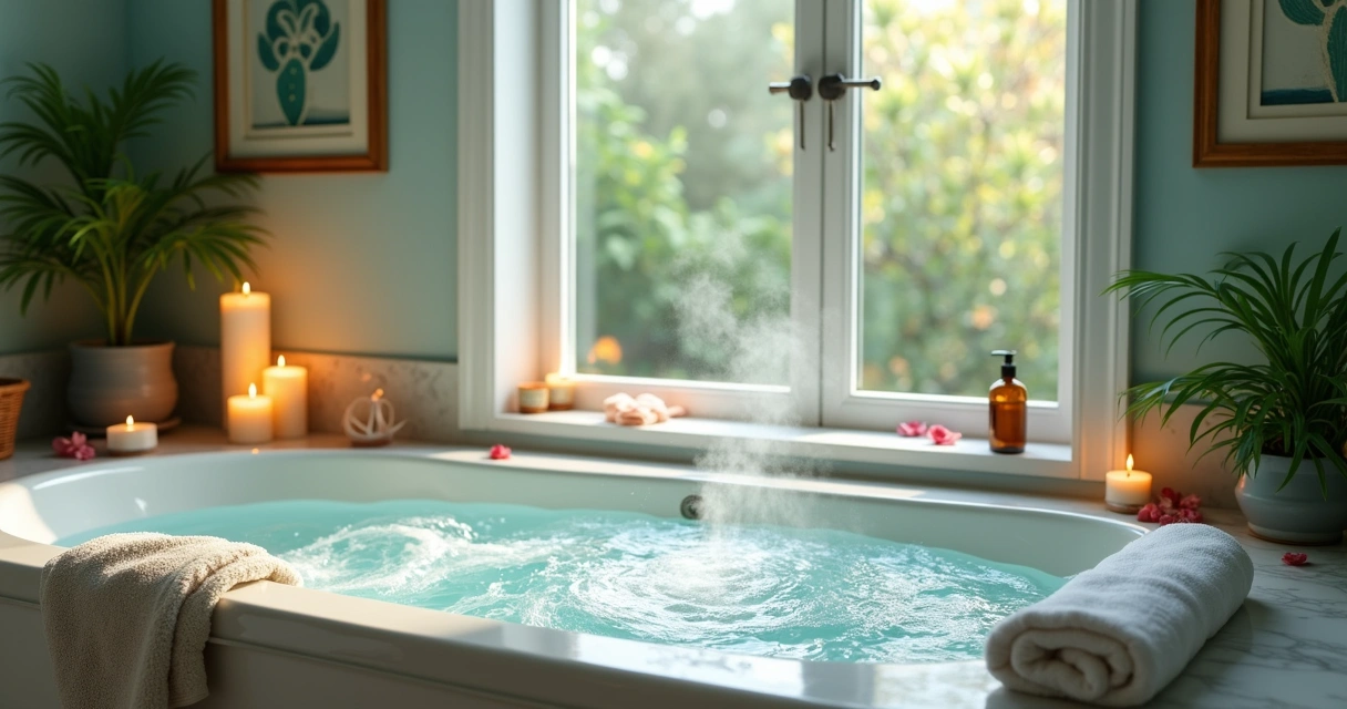 Banheira relaxante decorada com velas, plantas verdes e óleos essenciais, criando um ambiente sereno.