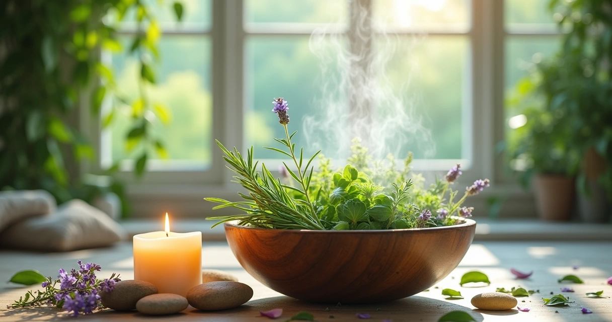 Preparação de um banho de ervas com ervas frescas, velas e um ambiente tranquilo, promovendo clareza e energias renovadas.