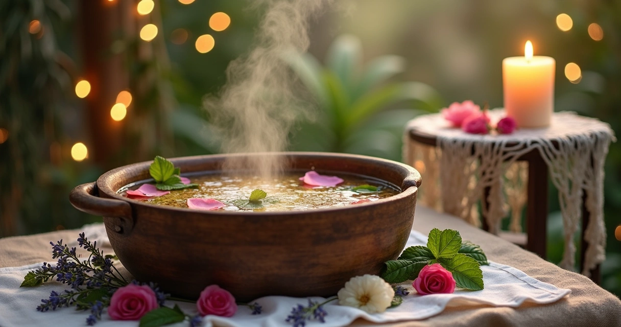 Ritual de banho de ervas para atrair amor com flores e luz suave.