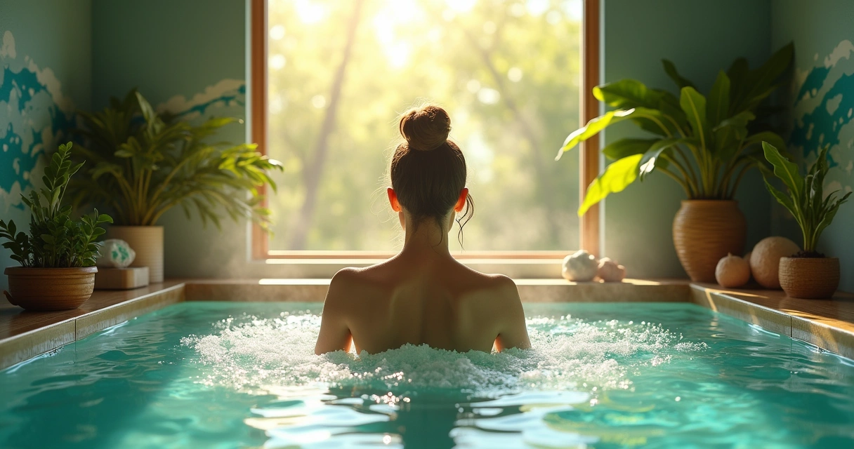 Um spa sereno com uma pessoa relaxando em um banho energético cercado por plantas e cristais.