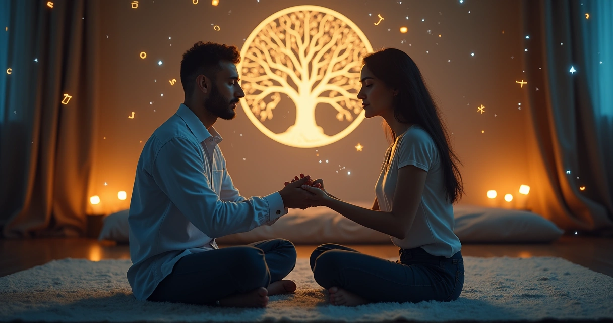 Casal conectado meditando junto com símbolos da Cabala ao redor