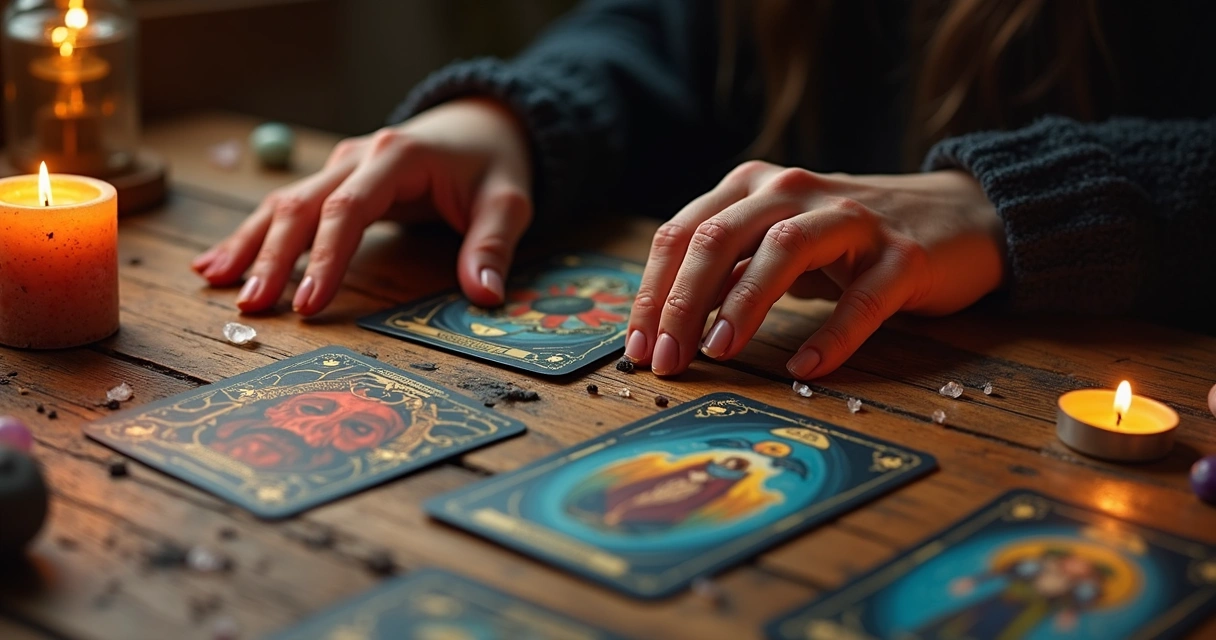 Mãos femininas organizando cartas de tarot sobre uma mesa de madeira com velas acesas e cristais ao redor
