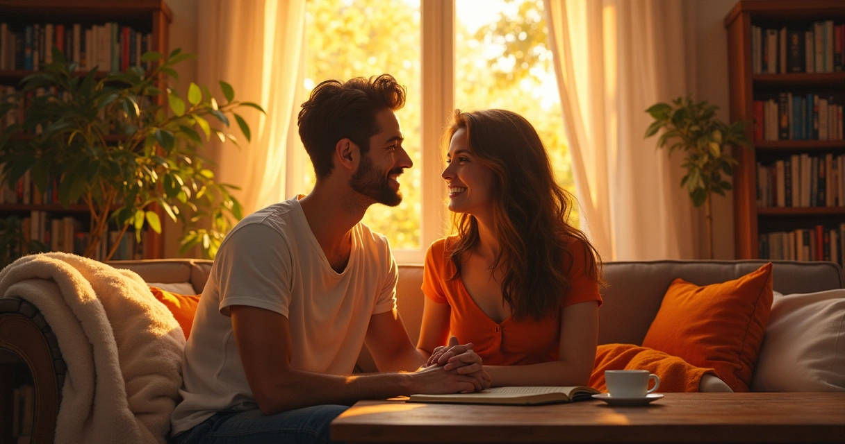 Casal em ambiente aconchegante, munidos de livros e plantas, iluminados pelo pôr do sol, transmitindo amor e conexão.