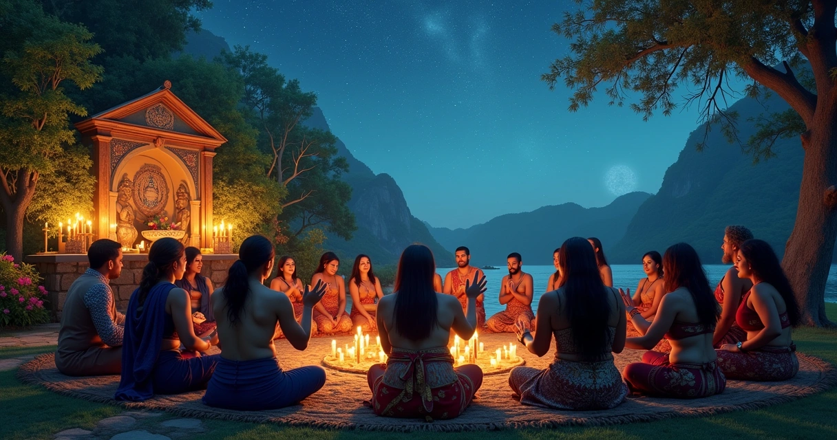 Cerimônia de Umbanda com um grupo diverso em um círculo, altar iluminado e céu estrelado.