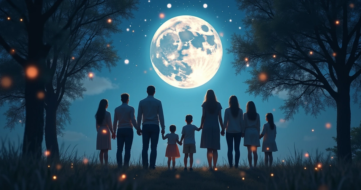 Lua cheia brilhando sobre uma família em formato de círculo, com elementos lunares e energias conectando todos