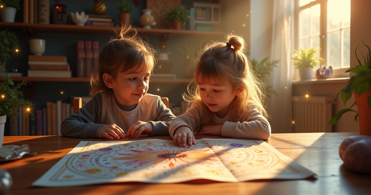 Duas crianças sentadas em um ambiente iluminado, observando um mapa astral com símbolos zodiacais coloridos ao redor