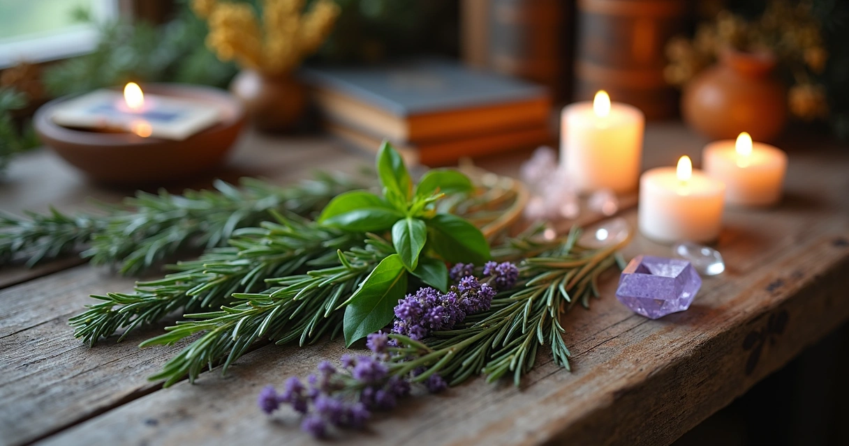 Várias ervas místicas sobre mesa de madeira com cristais e velas acesas