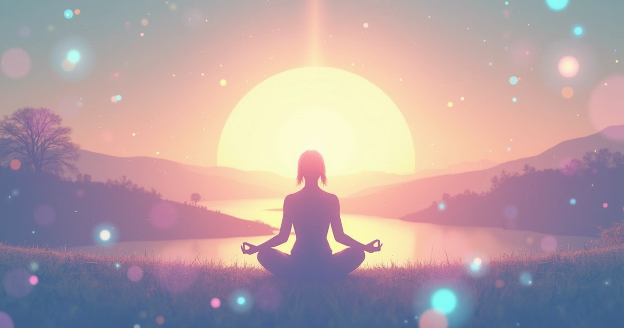Figura serena meditando em um cenário espiritual com luzes suaves e uma paisagem tranquila ao fundo.