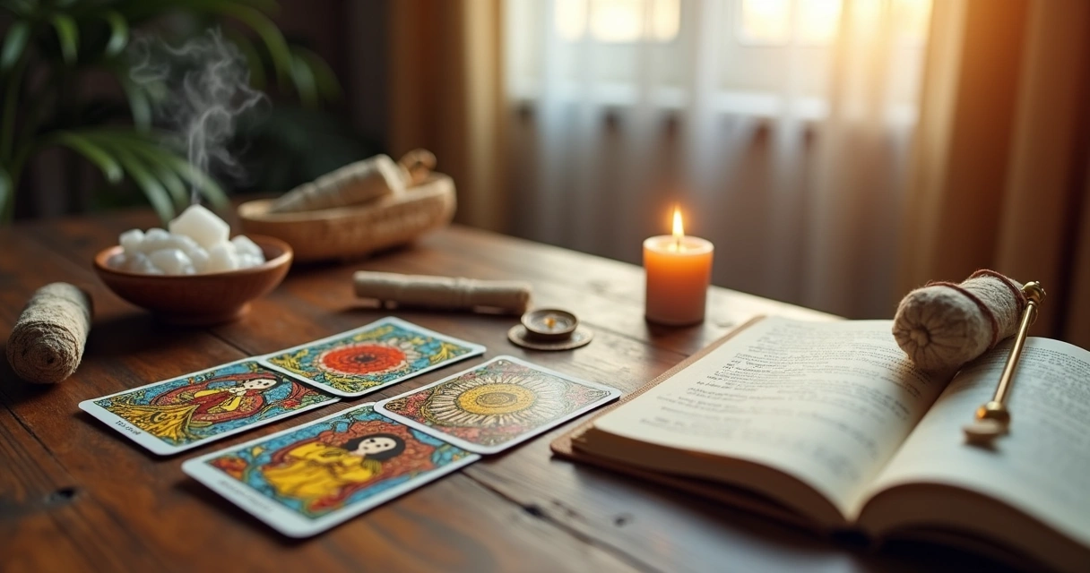 Mesa com objetos esotéricos para autoconhecimento e meditação