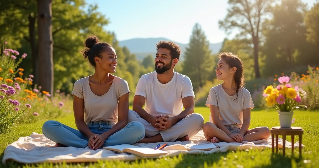 Grupo diverso praticando gratidão em um parque ensolarado com flores coloridas e um céu azul.
