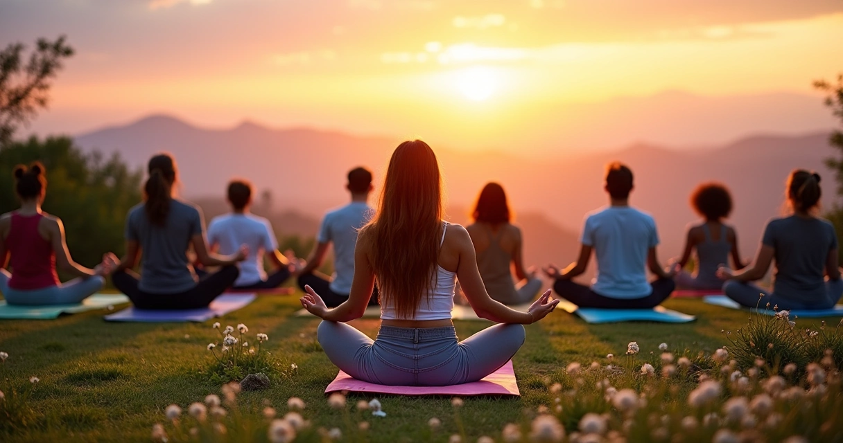 Grupo diverso de pessoas meditando em um campo verde, ao amanhecer, com céu laranja e flores ao redor.