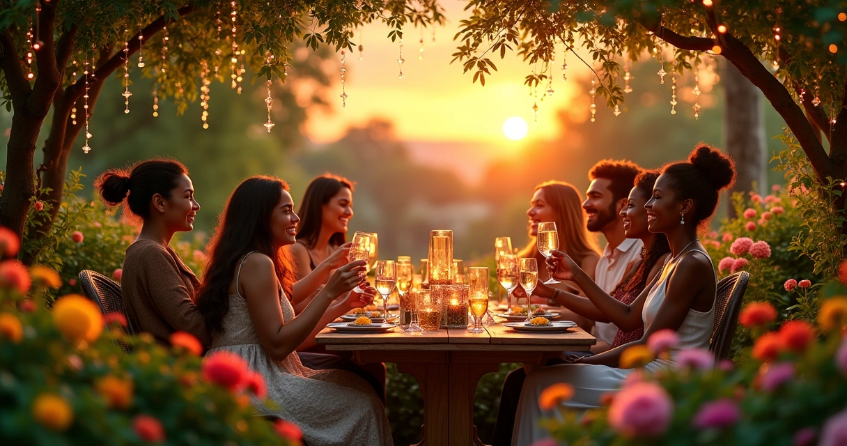 Jardim encantado ao pôr do sol, mesa decorada com flores, velas e pessoas celebrando.