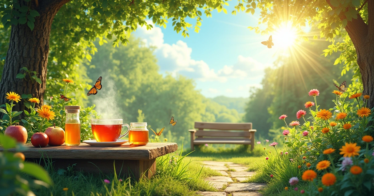 Um jardim ensolarado com uma mesa de madeira, chá de ervas, frutas frescas e flores coloridas.
