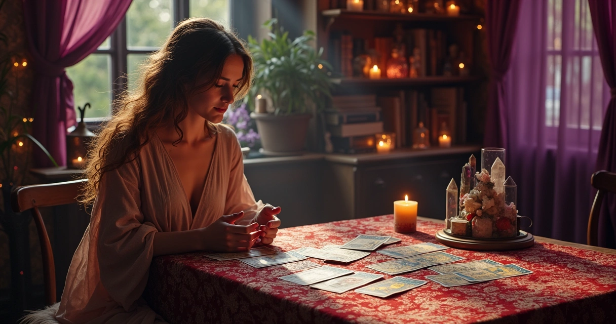 Cena mágica de leitura de tarô em um ambiente acolhedor com cartas, velas e objetos místicos.
