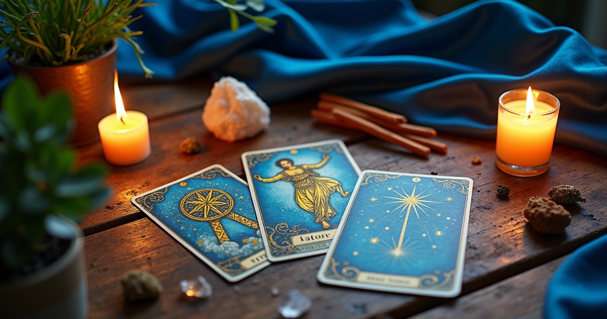 Configuração mística de leitura de tarô com cartas, velas, cristais e plantas verdes.