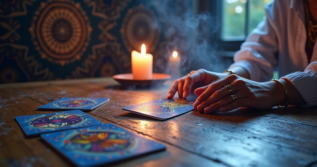 Uma leitura de tarô mística em um ambiente sereno, com cartas coloridas e velas ao fundo.