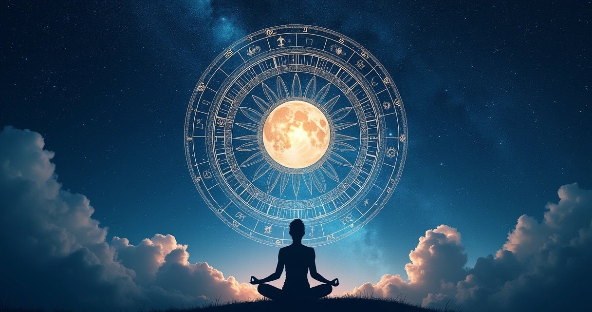Silhouette of a person meditating under a starry night sky with a mandala pattern and zodiac signs.