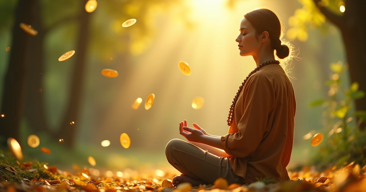 Pessoa meditando segurando contas de oração com moedas douradas ao redor e um fundo iluminado em tons dourados e verdes
