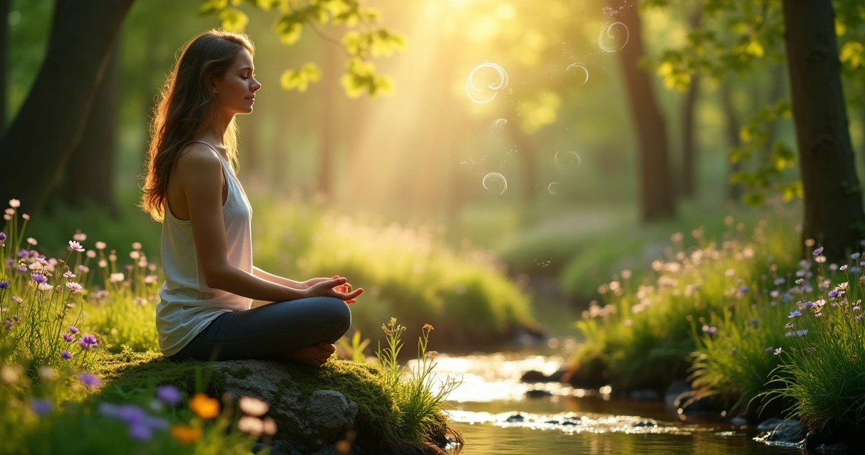 Uma pessoa meditando em uma floresta serena, cercada por flores e luz suave da manhã.