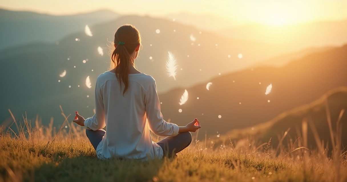 Mulher meditando sentada na natureza, com luz suave e elementos espirituais ao redor