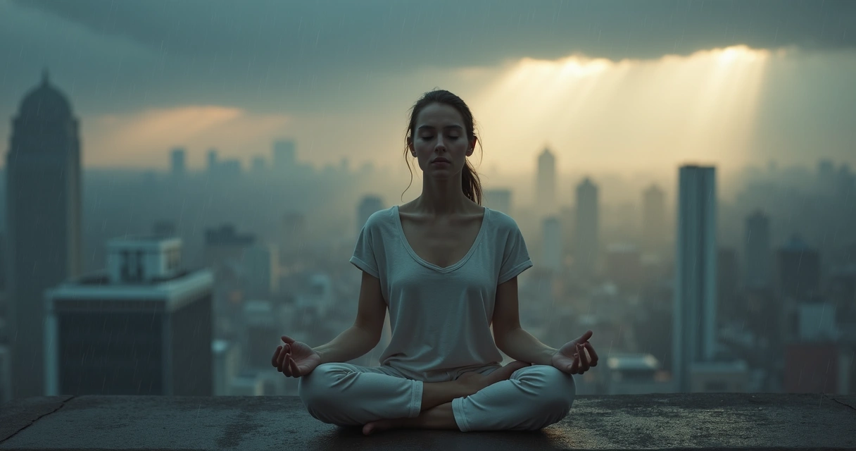Mulher meditando sentada em posição de lótus em meio a uma paisagem urbana caótica com prédios desbotados e céu tempestuoso ao fundo