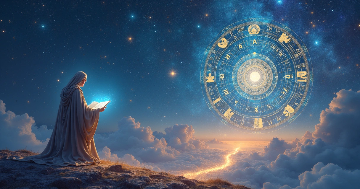 Figura sábia analisando um mapa celestial com números flutuantes, em um cenário cósmico vibrante.