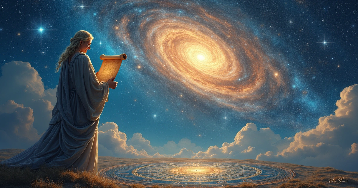Cenário cósmico com figura sábia segurando um pergaminho entre constelações e estrelas