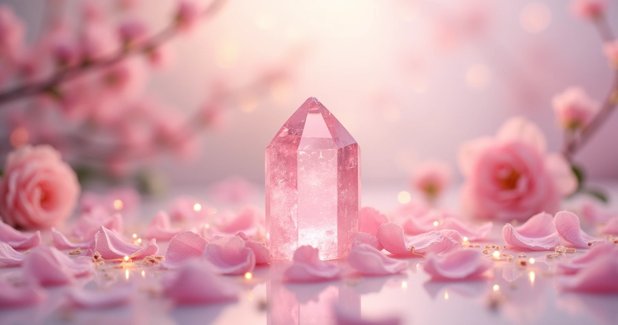 Cristal de quartzo rosa no centro com pétalas de flores e fundo suave em tons pastéis.