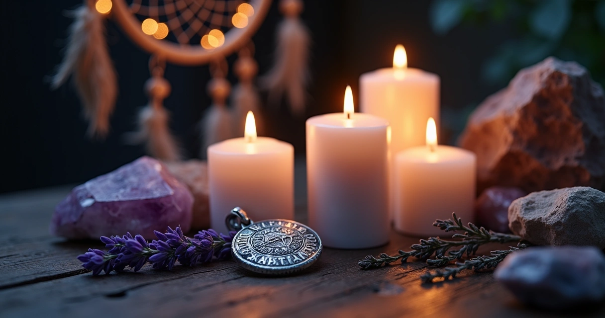 Velas acesas e cristais ao lado de um amuleto protetor em mesa de madeira escura