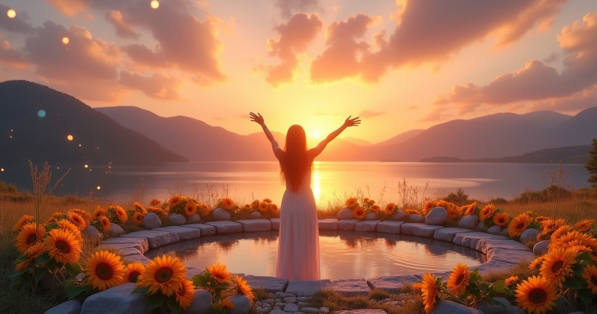 Altar of gratitude with flowers at sunset, person radiating positive energy in serene landscape.