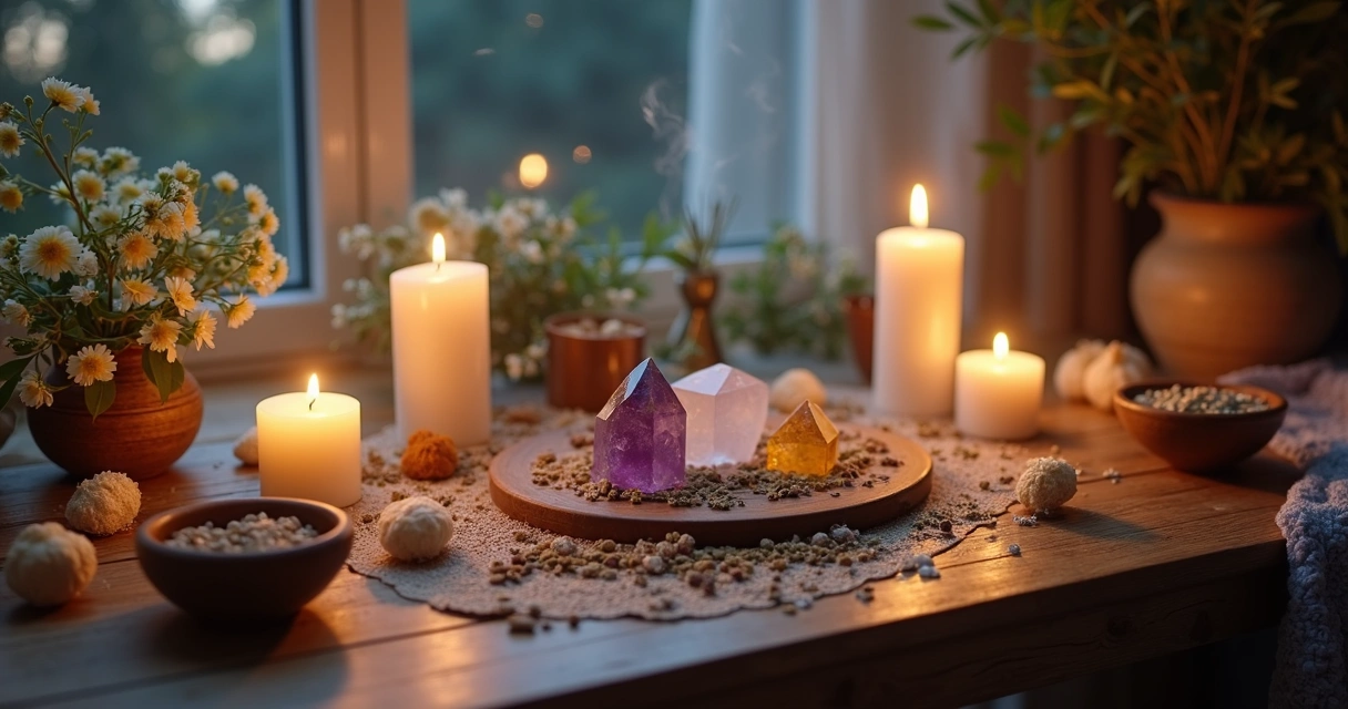 Mesa preparada com velas, cristais, flores e objetos esotéricos para rituais de Ano Novo