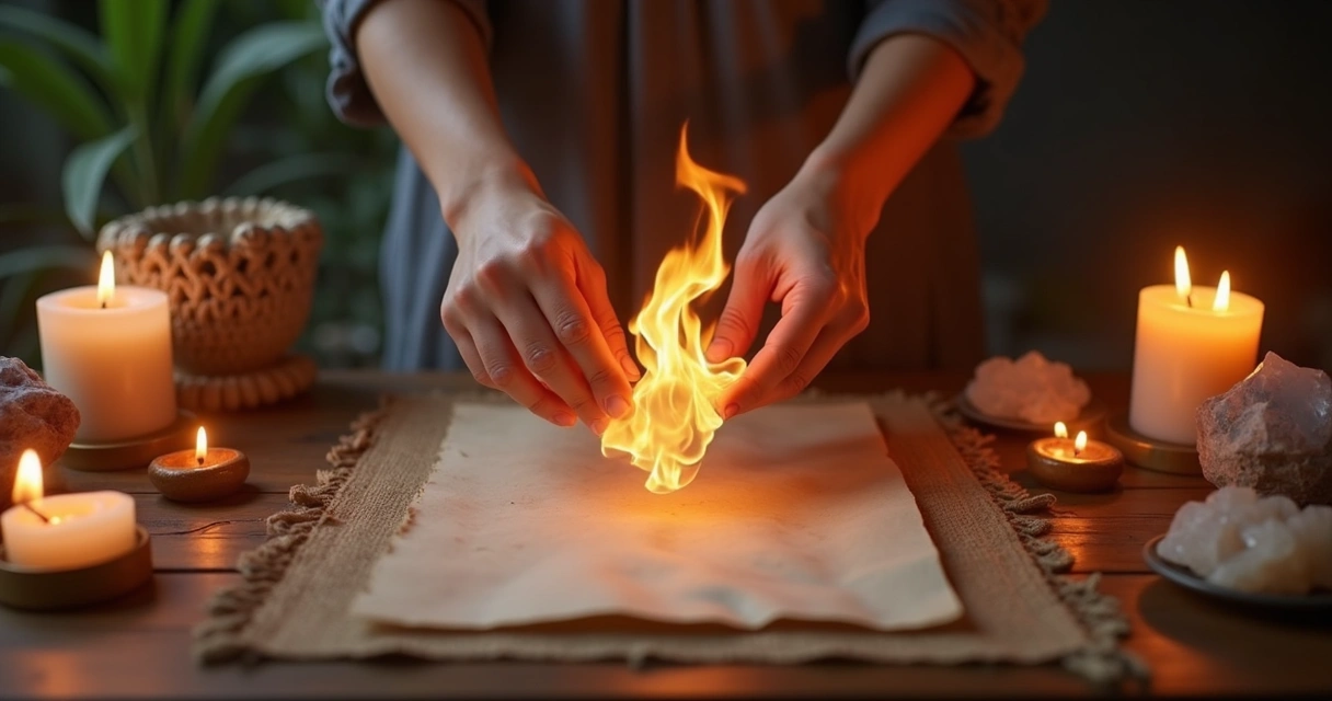 Mãos segurando papel queimando em fogo brando com fundo de mesa de madeira e velas esotéricas acesas