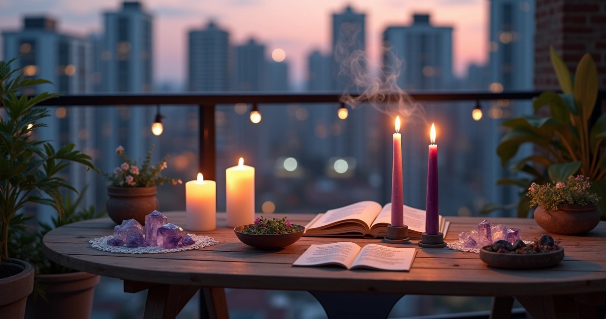 Mesa com ritual de Wicca urbana na cidade com velas, cristais e plantas sobre balcão em apartamento moderno