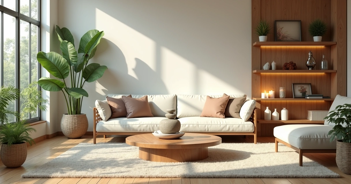 Sala de estar organizada com móveis equilibrados e elementos naturais para harmonizar energia segundo Feng Shui