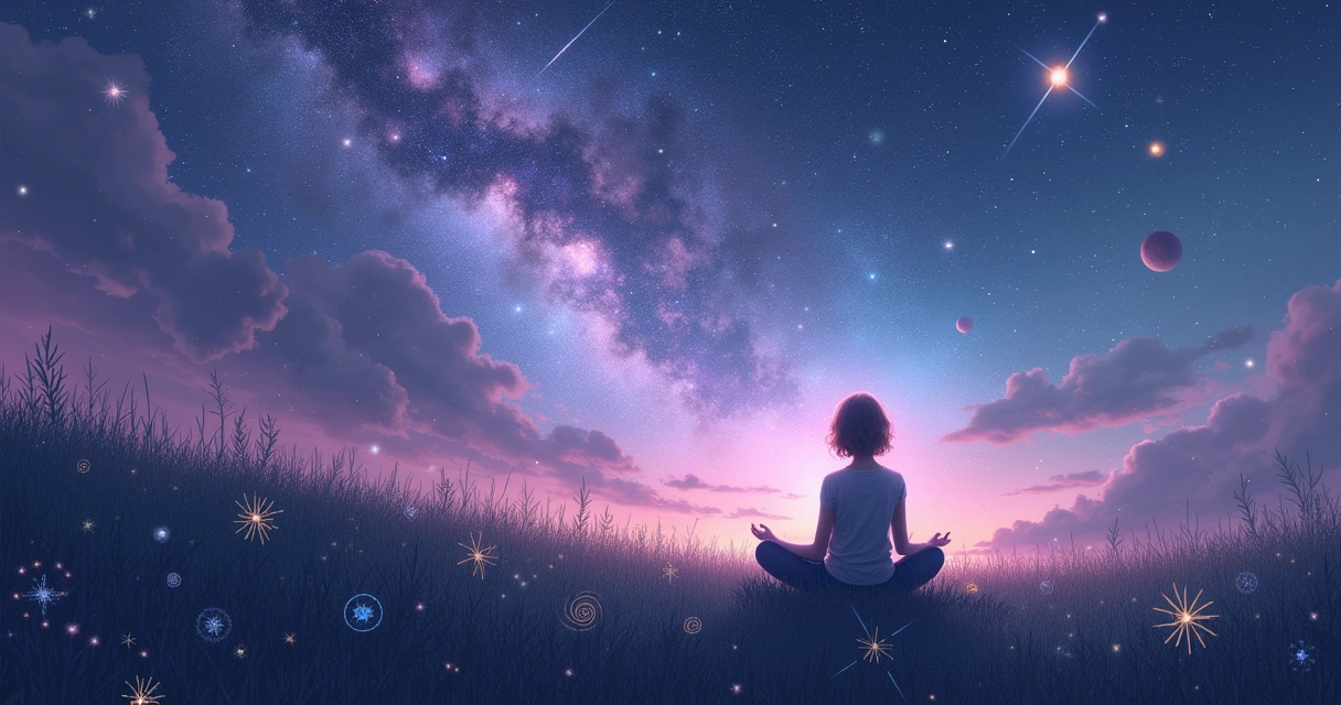 Silhouette of a person gazing at a cosmic sky filled with stars and symbols on a grassy hill.